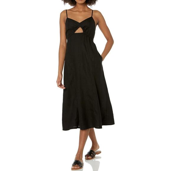 The Drop Women's Maci Strappy V-Neck Cutout Smocked Back Midi Linen Dress Large - Picture 1 of 11
